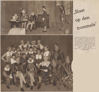 874702 Collage van 2 foto's betreffende de uitvoering van het historische spel 'Slaet op den trommele', door de ...